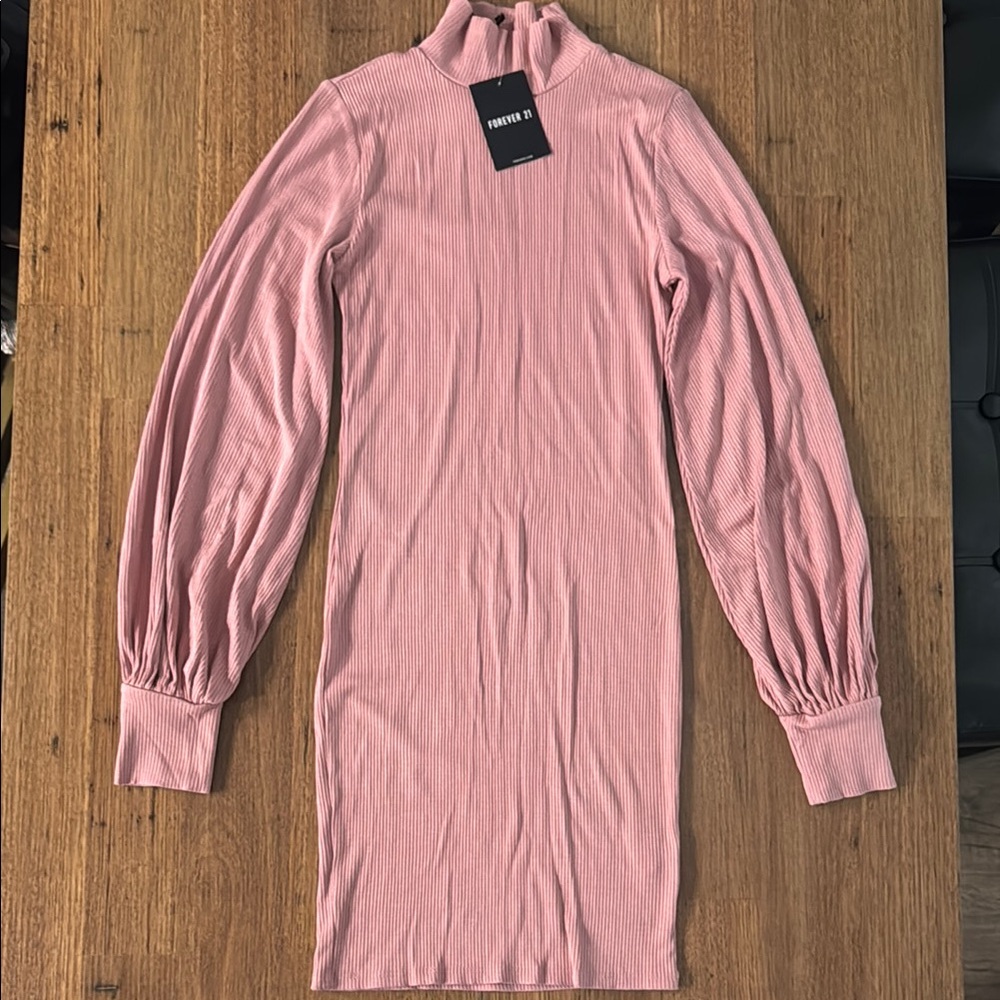 Pink Ribbed Long Sleeve Dress